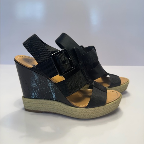 Coach Black Canvas Espadrille Wedge Sandals - Picture 2 of 5